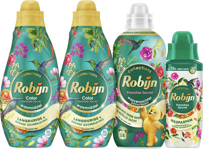Robijn match parfait - paradis secret - 4 pièces - 2x détergent + 1 assouplissant + 1 parfum de lessive - pack économique