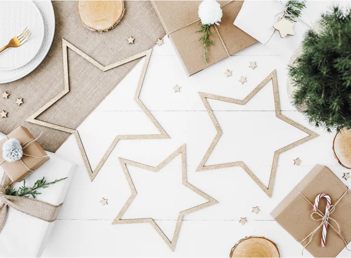 Partydeco pendentifs étoiles bois doré pailleté - 3 pièces