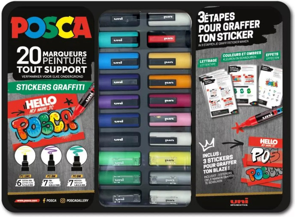 Marqueur pigmentaire Posca « stickers graffiti » – coffret de 20 pièces en boîte métal