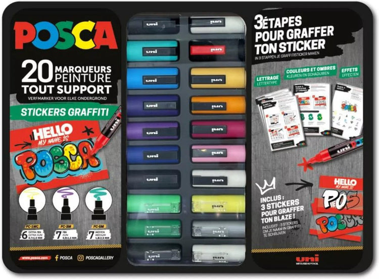 Marqueur pigmentaire Posca « stickers graffiti » – coffret de 20 pièces en boîte métal