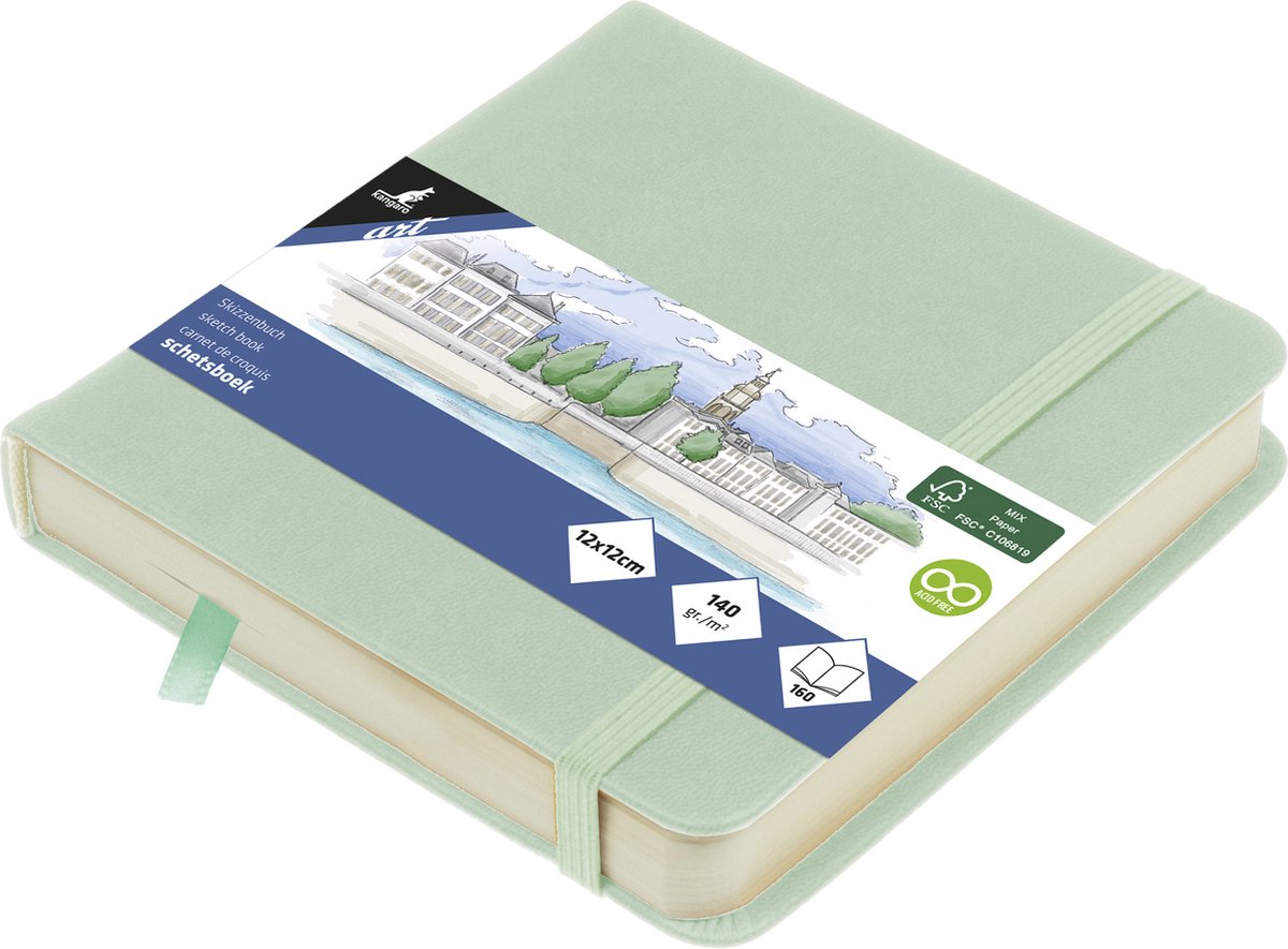 Carnet de croquis Kangaro - 12x12cm - menthe - couverture rigide en pu - avec élastique et ruban - k-861204