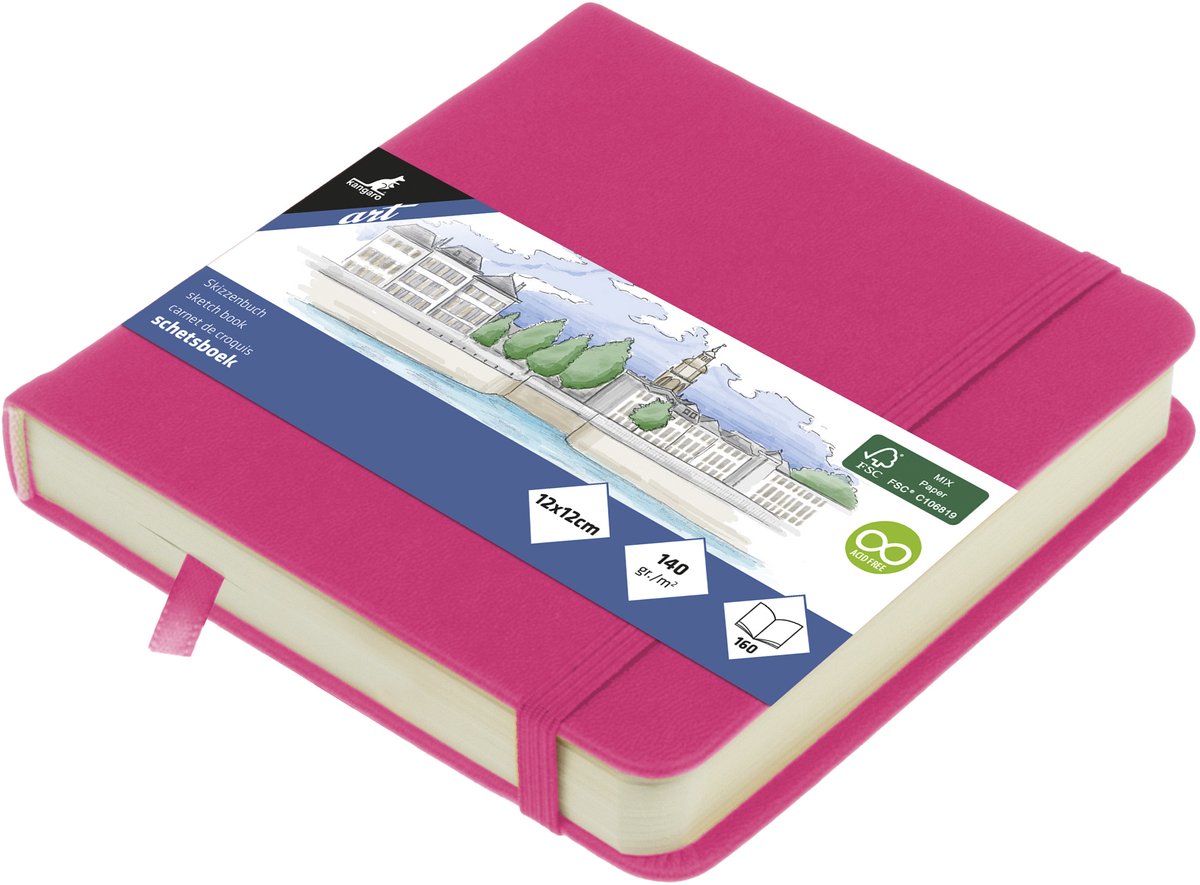 Carnet de croquis Kangaro - 12x12cm - rose vif - avec élastique et ruban - k-861250