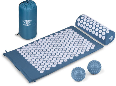 Tapis à ongles Umbro avec coussin et balles de massage - tapis de massage pour la relaxation - tapis shakti original avec sac de transport - tapis d'acupression pour le cou, le dos et les pieds - 71 x 42 cm bleu