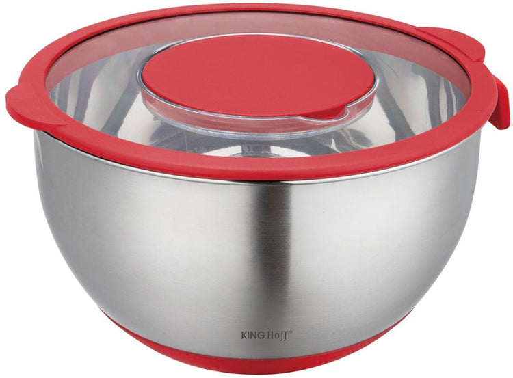 Bol mélangeur Kinghoff en acier inoxydable avec couvercle - multifonctionnel (5l, rouge) - comprenant 3 réglages de râpe, échelle de mesure et bord antidérapant - pour mélanger, râper et conserver