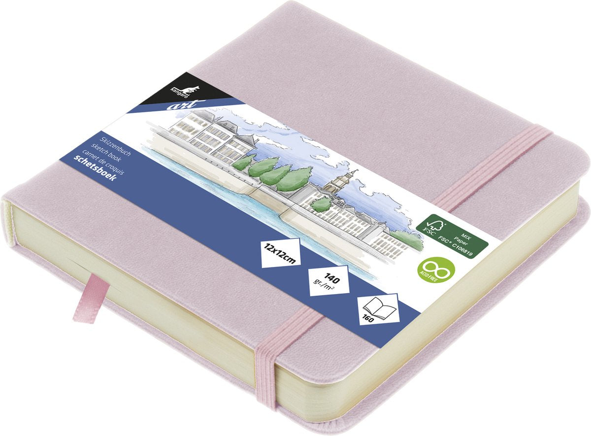 Carnet de croquis Kangaro - 12x12cm - violet - couverture rigide en pu - avec élastique et ruban - papier 140g - 160 pages