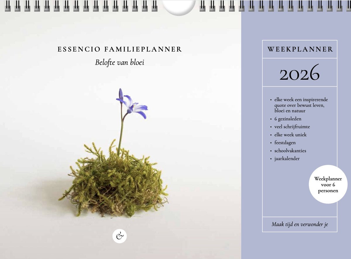Agenda familial Essencio 2026 - thème 'promesse d'épanouissement' - a4 - 6 membres de la famille - agenda hebdomadaire