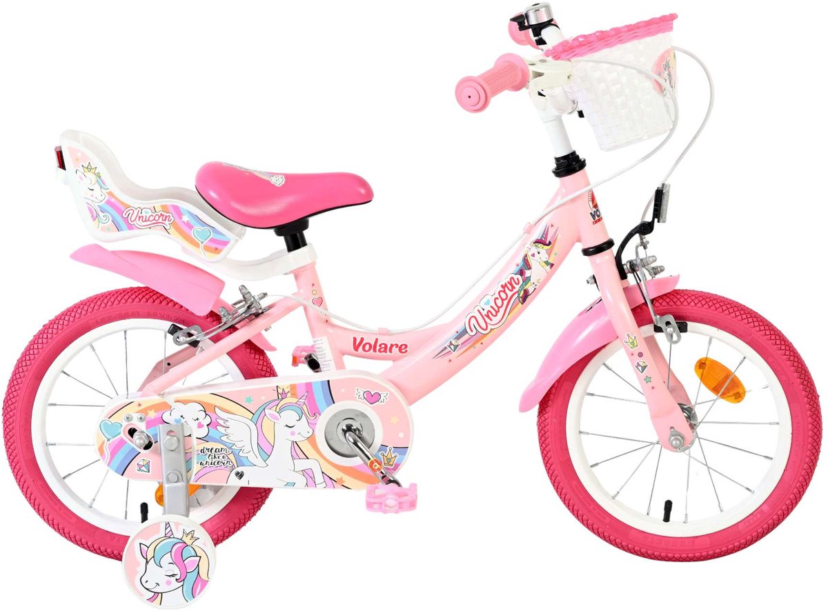 Vélo enfant Volare licorne - filles - 14 pouces - rose - deux freins à main