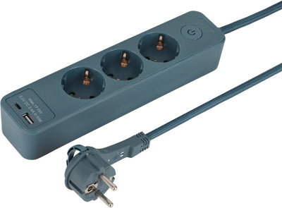 Multiprise Q-link - 3 prises - mise à la terre - plate - USB A C - 1,5 m - 3 x 1,5 mmâ² - textile - pétrole
