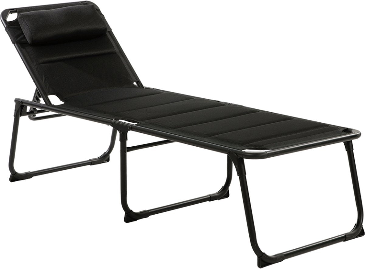 Chaise longue de camping Travellife barletta noire (2024) - réglable sur 6 positions - résistante à l'eau et aux UV - avec oreiller amovible et sangle de transport