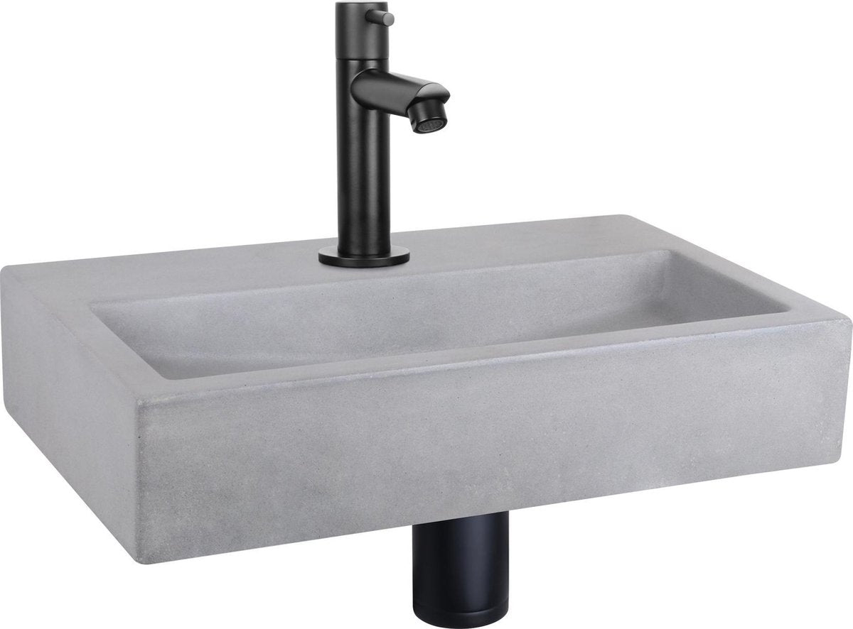 Ensemble fontaine plat Differnz - béton gris clair - robinet droit noir mat - 38 x 24 x 8 cm