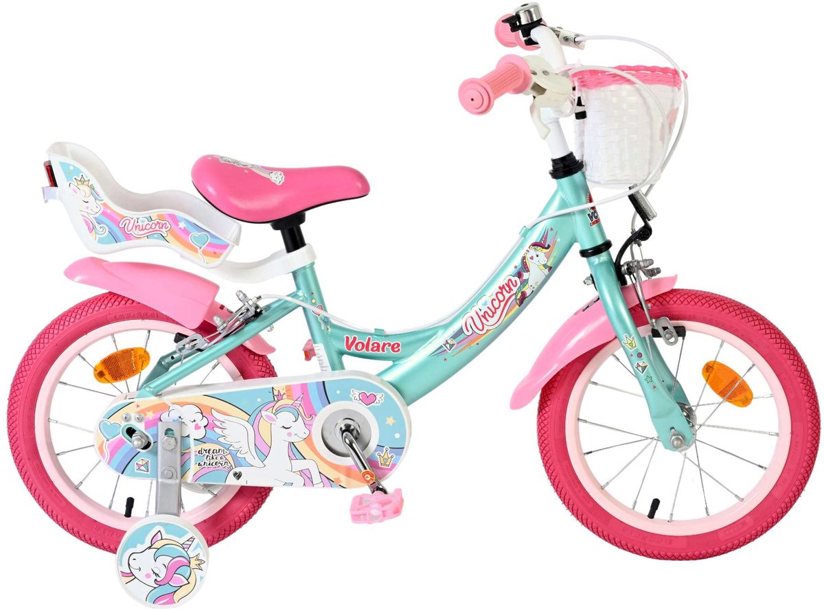 Vélo enfant Volare licorne - filles - 14 pouces - vert - deux freins à main