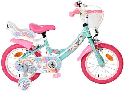 Vélo enfant Volare licorne - filles - 14 pouces - vert - deux freins à main