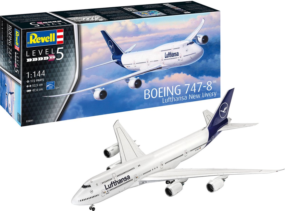 Revell maquette avion - 03891 boeing 747-8 - lufthansa - nouvelle livrée en plastique - 1:144 - modélisme
