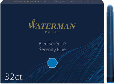 Cartouches d'encre pour stylo plume Waterman | longue internationale | encre bleue lavable | 32 cartouches d'encre
