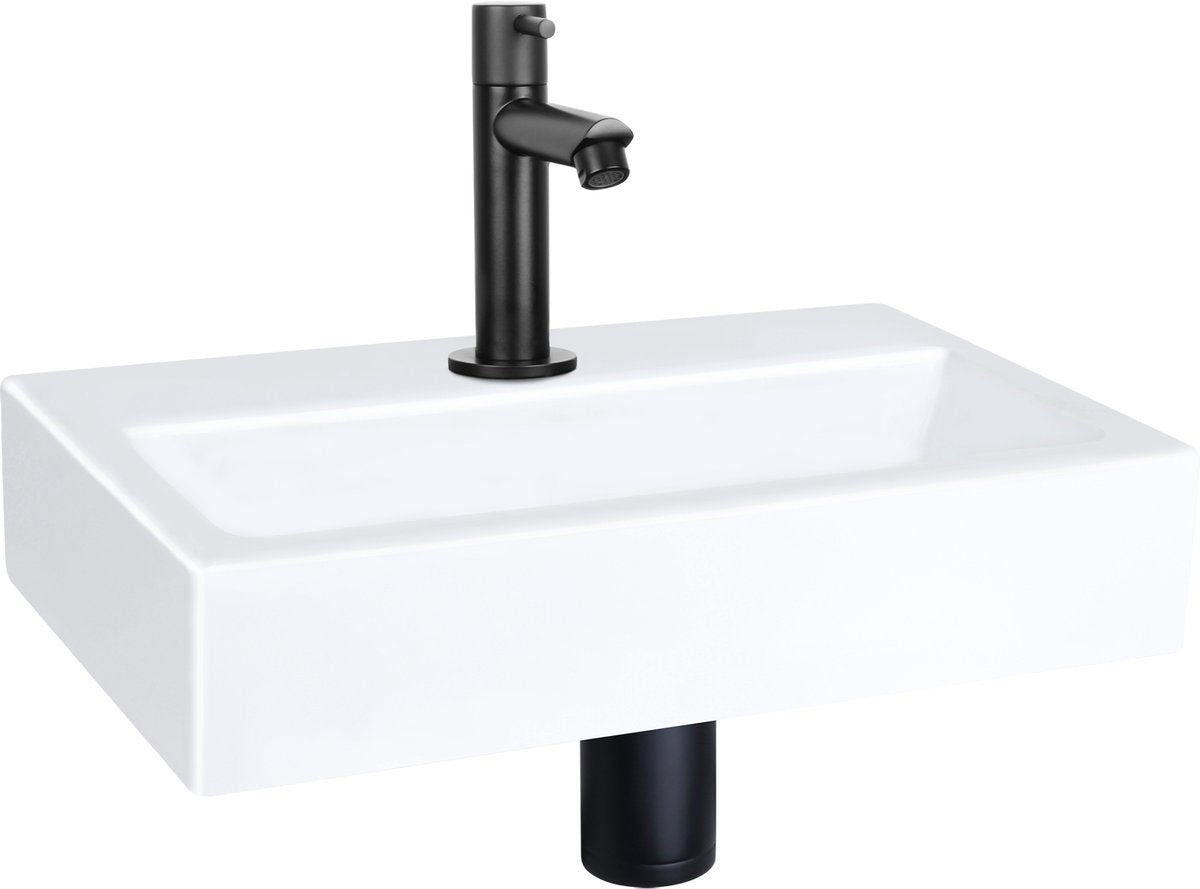 Ensemble fontaine plat Differnz - 38x24x8cm - rectangle - 1 trou de robinetterie - robinet droit noir mat - céramique blanche