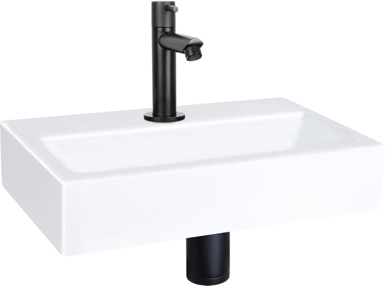 Ensemble fontaine plat Differnz - 38x24x8cm - rectangle - 1 trou de robinetterie - robinet droit noir mat - céramique blanche