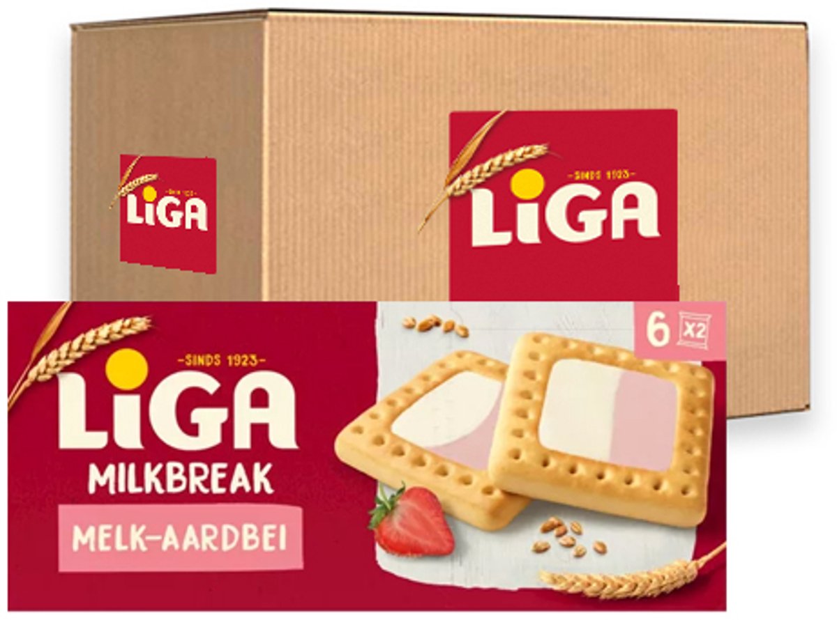 Liga milkbreak duo cookies lait fraise - boîte 12 x 245g - cookie - biscuits pour la route ou le travail et le bureau