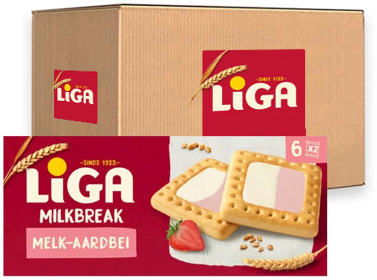 Liga milkbreak duo cookies lait fraise - boîte 12 x 245g - cookie - biscuits pour la route ou le travail et le bureau
