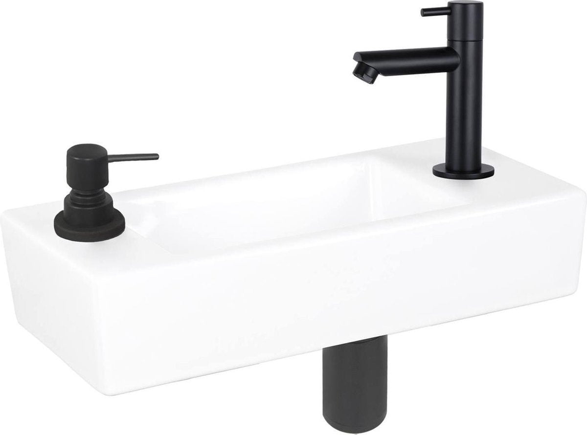 Ensemble fontaine à sapon Differnz - 42,5x18,5x9cm - rectangle - 1 trou robinetterie - noir mat - céramique blanche
