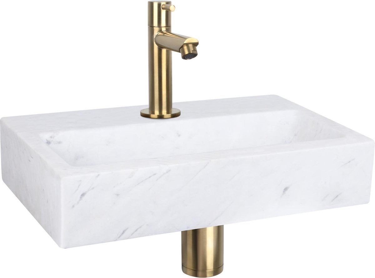 Ensemble fontaine plat Differnz - marbre - robinet droit or mat - 38 x 24 x 8 cm