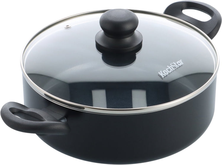 Casserole en céramique avec couvercle Kochstar Essenz - 24 cm - 3,5 l - sans PFAS - casserole à induction - poêle à induction - revêtement antiadhésif en céramique - poignée de refroidissement - passe au four jusqu'à 130° C - noir