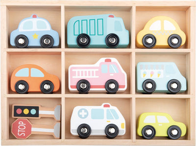 Lelin toys lelin® ensemble de véhicules en bois 9 pièces - jouets en bois avec voitures et véhicules - jouets éducatifs - à partir de 18 mois