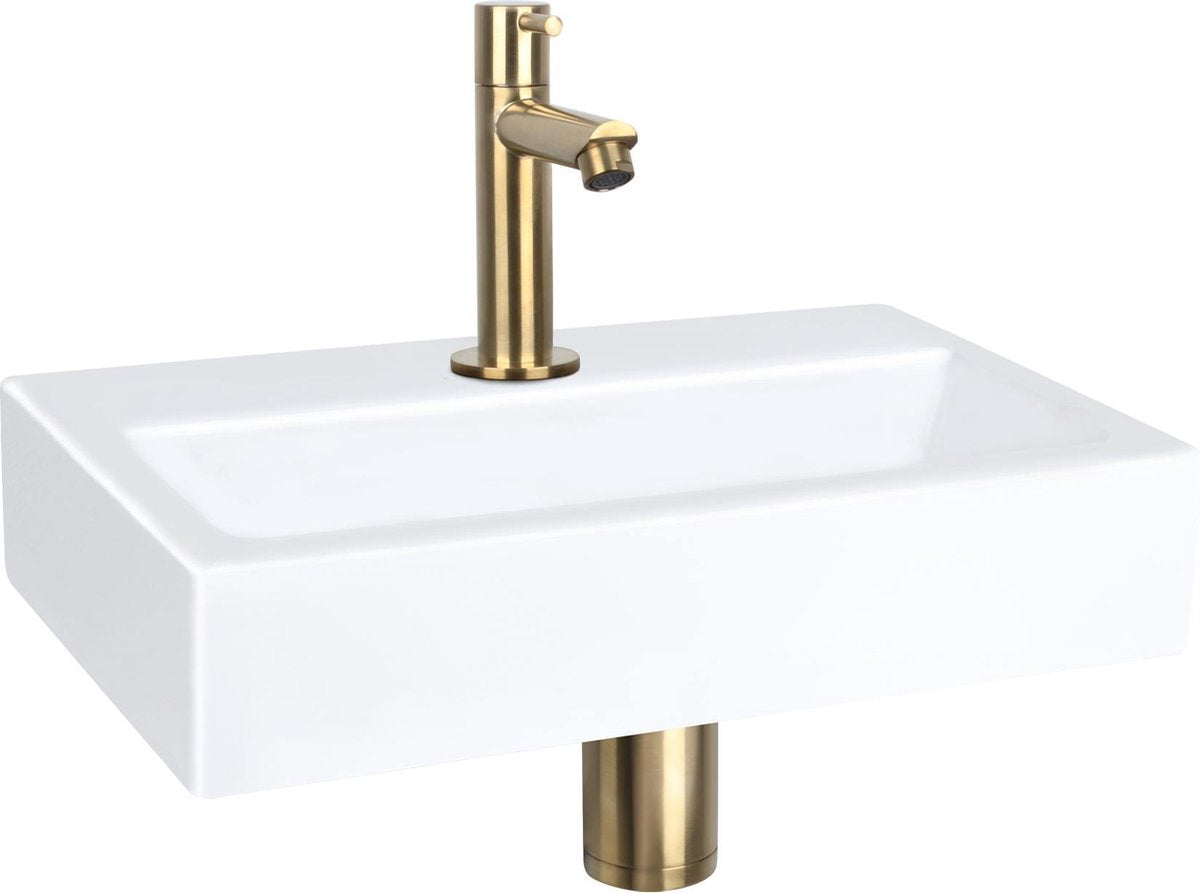 Ensemble fontaine plat Differnz - céramique - robinet droit or mat - 38 x 24 x 7 cm