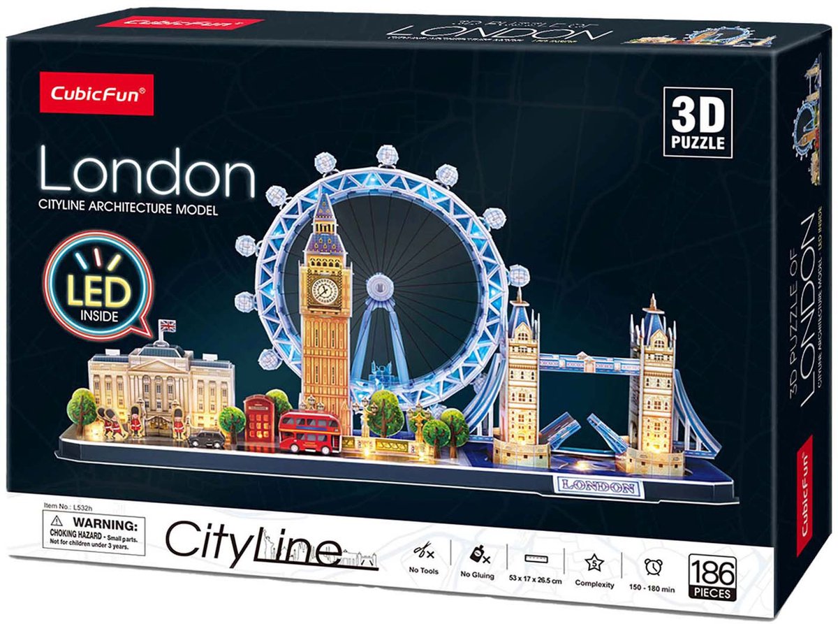 Puzzle 3D cubique amusant City Line Londres LED, 107 pièces.