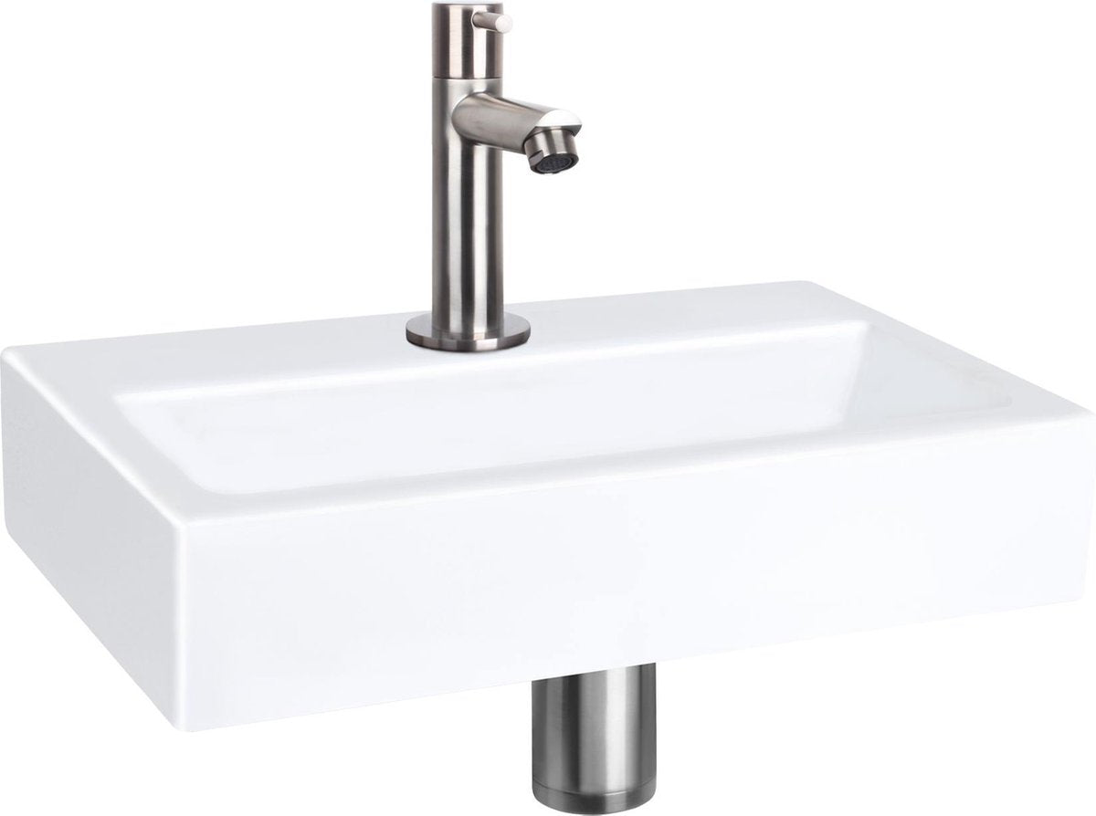 Ensemble fontaine plat Differnz - céramique - robinet droit chrome mat - 38 x 24 x 7 cm