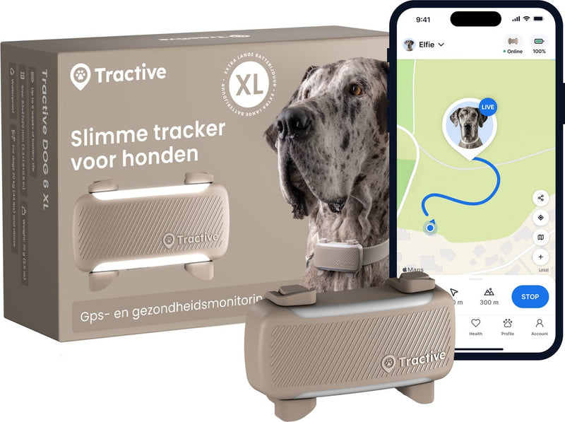 Tractive Dog 6 XL – Traceur GPS intelligent pour chiens avec surveillance des valeurs vitales et alertes de santé, autonomie de 6 semaines – Marron