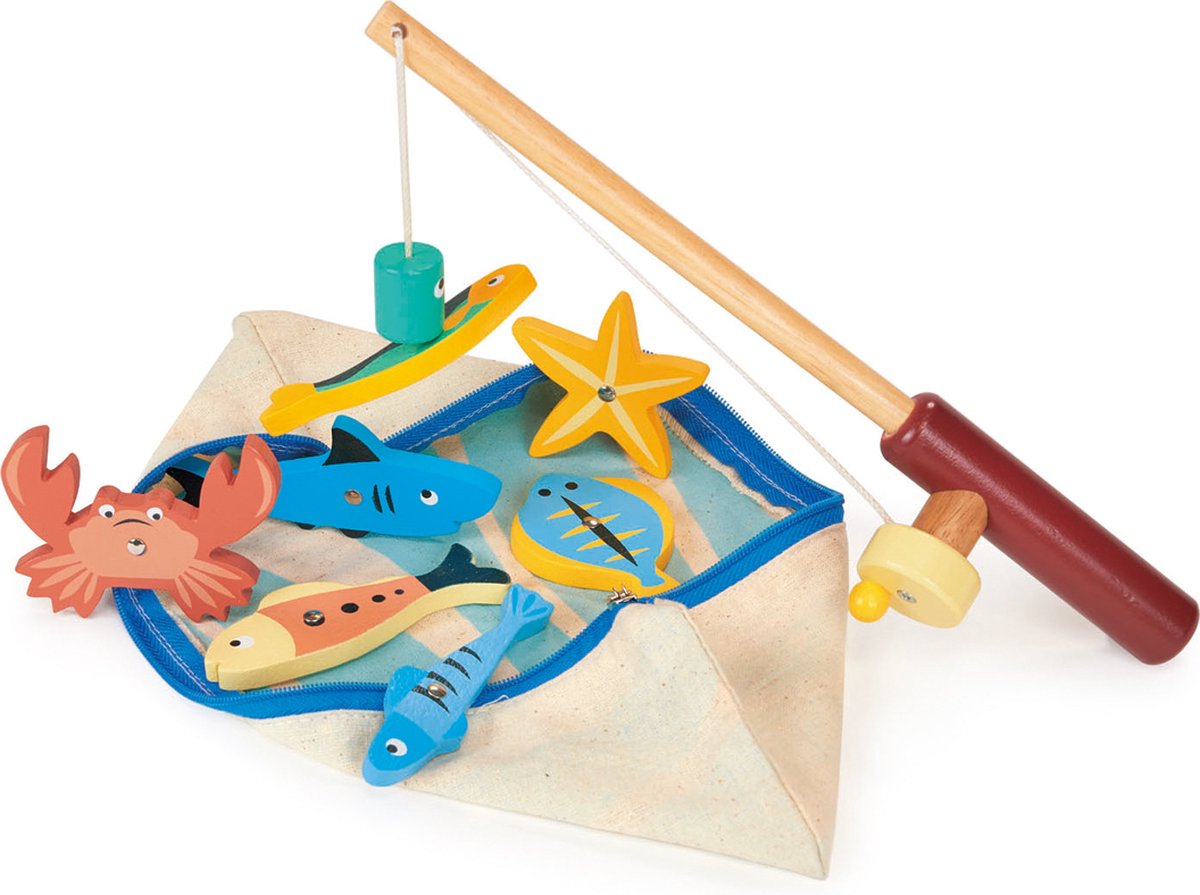 Jeu Mentari - pêche - avec canne à pêche en bois - 7 animaux marins magnétiques - 2 ans