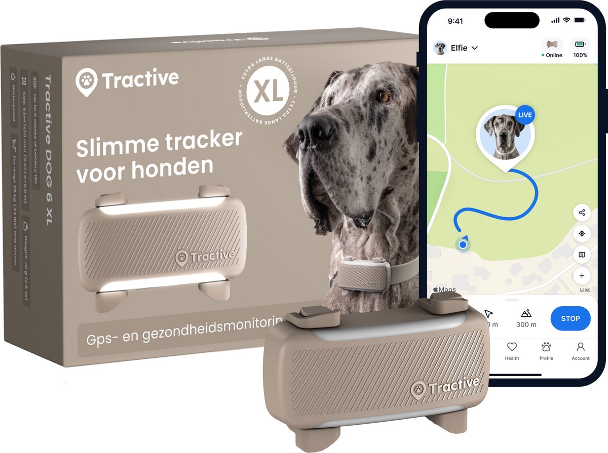 Tractive Dog 6 XL – Traceur GPS intelligent pour chiens avec surveillance des valeurs vitales et alertes de santé, autonomie de 6 semaines – Marron