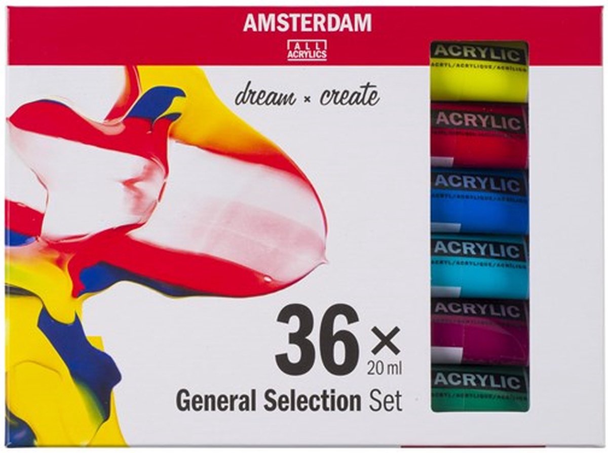 Ensemble de sélection générale de peinture acrylique série standard Bruynzeel Amsterdam 20 ml, 36 pièces.