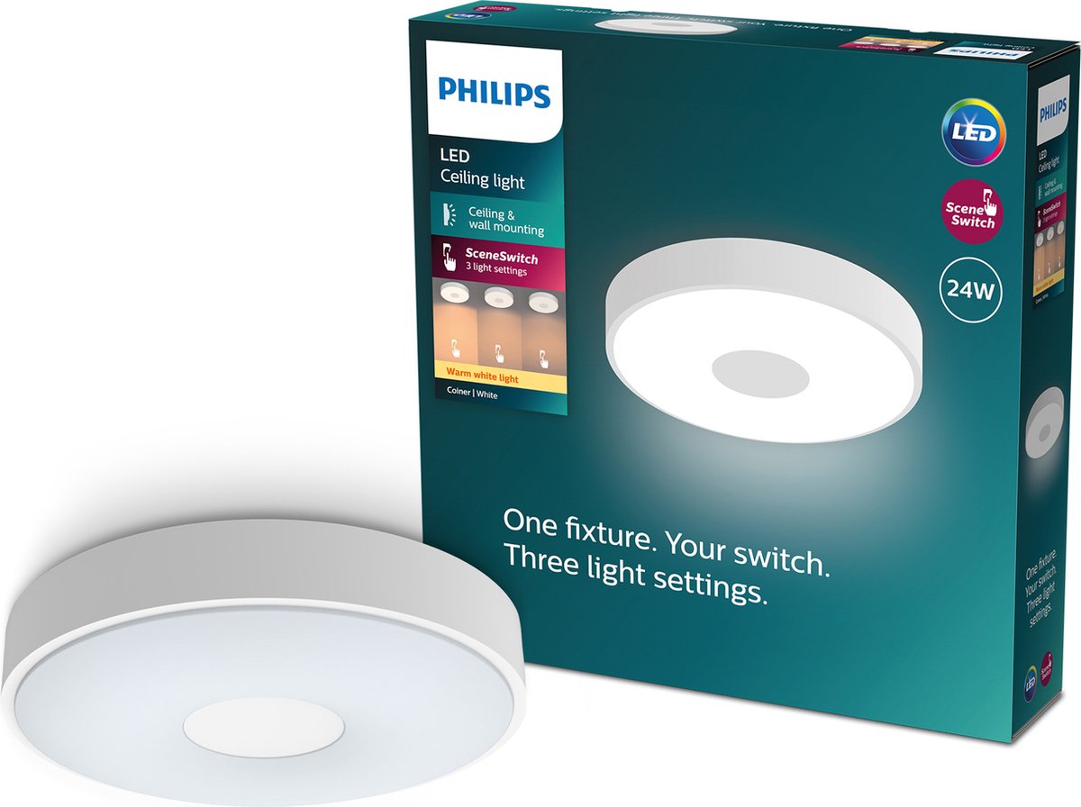 Philips LED Plafonnier Philips Coiner - technologie d'éclairage à interrupteur de scène - 24w - lumière blanc chaud - design blanc