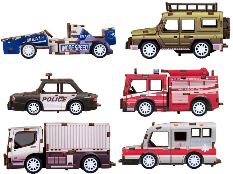 Eddy Toys Ensemble de jouets de véhicule en bois - Jouet de voiture en bois DIY pour enfants - Voiture de course en bois pour enfants, pompiers, camion de police, ambulance - 1 ensemble aléatoire