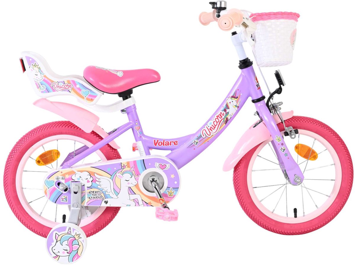 Vélo enfant licorne Volare - filles - 14 pouces - violet