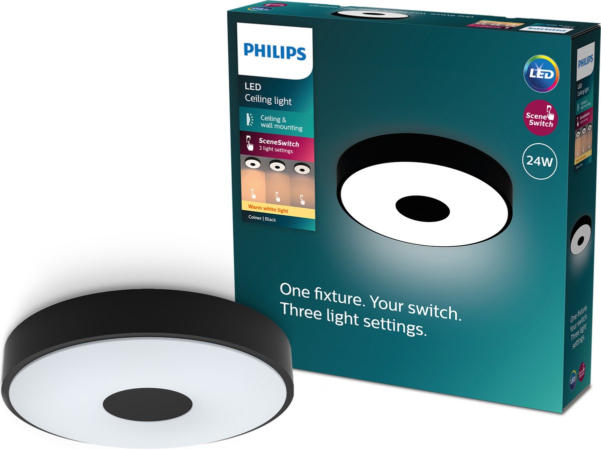 Philips LED Plafonnier Philips Coiner - technologie d'éclairage à interrupteur de scène - 24w - lumière blanc chaud - design noir