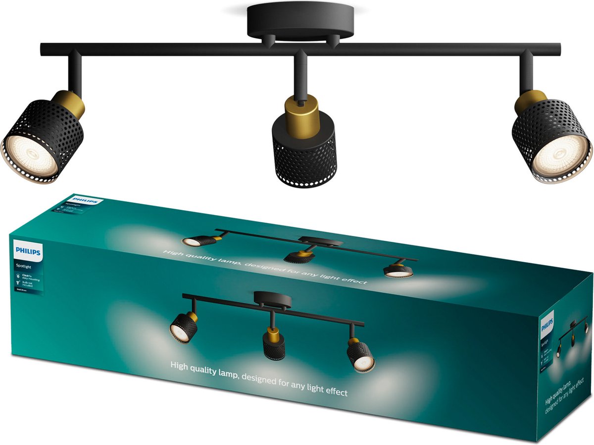 Philips LED Philips Niall spot - spot de plafond à trois points lumineux - noir avec design doré - raccord LED gu10