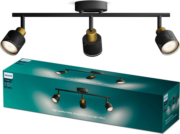 Philips LED Philips Niall spot - spot de plafond à trois points lumineux - noir avec design doré - raccord LED gu10