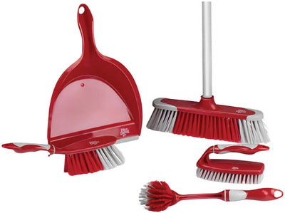 Dirt devil set de nettoyage 6 pièces - brosse à vaisselle épurateur à main balai doux avec manche pelle et pelle à poussière - rouge gris