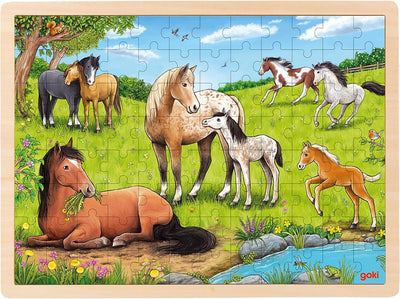 Puzzle Goki : été au pâturage des chevaux 40x30x0,8cm, 96 pièces, bois, 3+