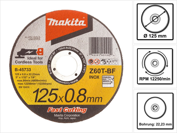 Disque à tronçonner Makita b-45733 - 125 x 22,23 x 0,8 mm - acier inoxydable - acier inoxydable