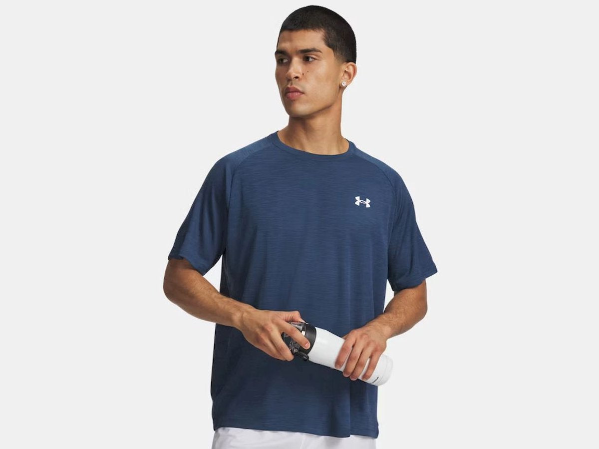 Under Armour UA Tech Texture Red SS-Blu Chemise de sport pour homme - Wham Blue - Blanc