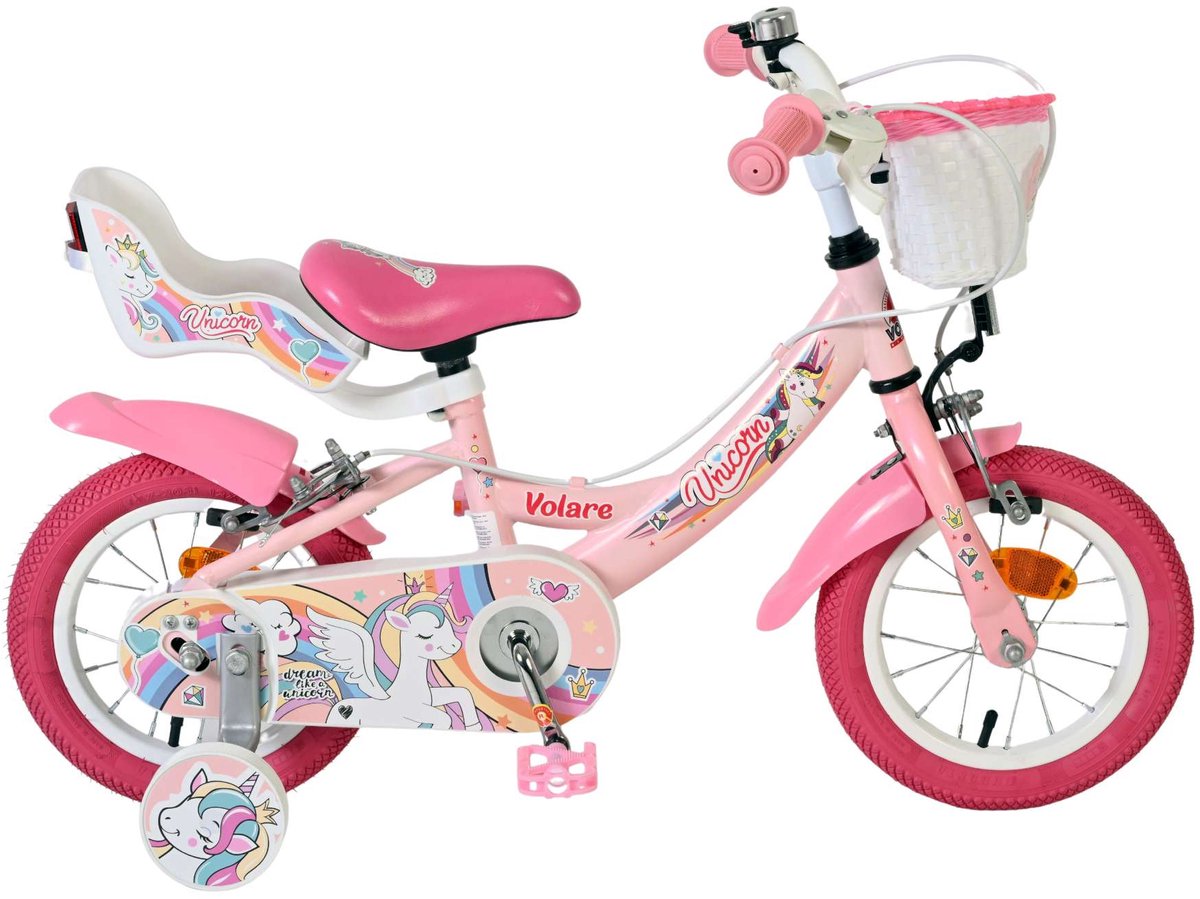 Vélo enfant Volare licorne - filles - 12 pouces - rose - deux freins à main