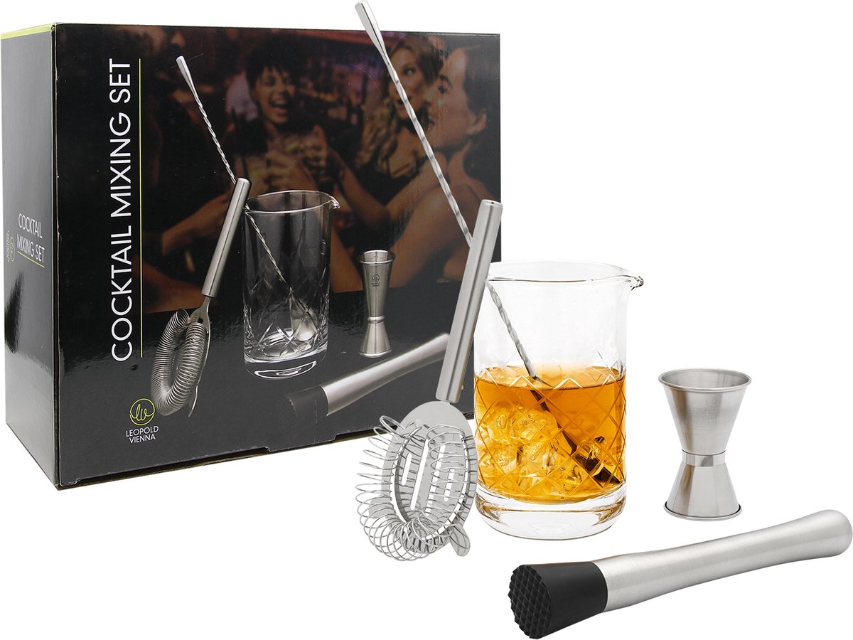 Leopold Vienne - service à cocktail 5 pièces (verre à mélange, cuillère de bar, pilon, pipette, passoire) - coffret cadeau