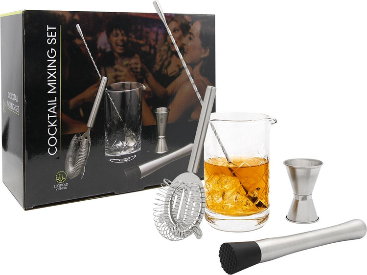 Leopold Vienne - service à cocktail 5 pièces (verre à mélange, cuillère de bar, pilon, pipette, passoire) - coffret cadeau