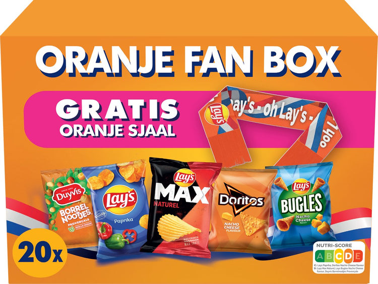 Lay's chips orange fan box mix - paprika, fromage nacho naturel - la boîte 620 grammes contient 20 sachets de distribution
