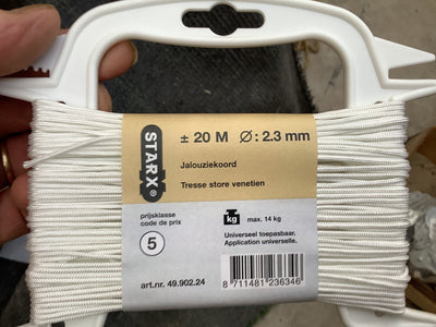 Corde blanche Starx 2,3 mm. d'épaisseur x 20 mètres de longueur. cordon aveugle. Force de traction de 14 kg. .