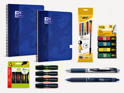 Rentrée scolaire de différentes marques - set scolaire - bloc spirale A4, stylos, surligneurs, onglets porte-mines - bleu
