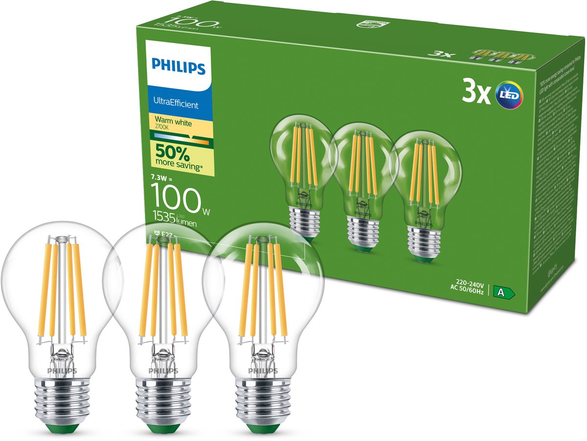 Ampoule à filament Philips transparente 100w a60 e27 x3